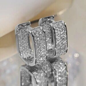 Rectangular Zircon Hoops Silver Tone with Lots of Bling #1418